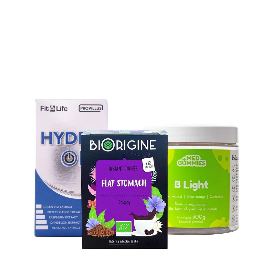 Slimming Set ( INSTANT COFFEE FLAT STOMACH ( Chicory ) + MED GUMMIES B Light + Provillus Hydro Off )